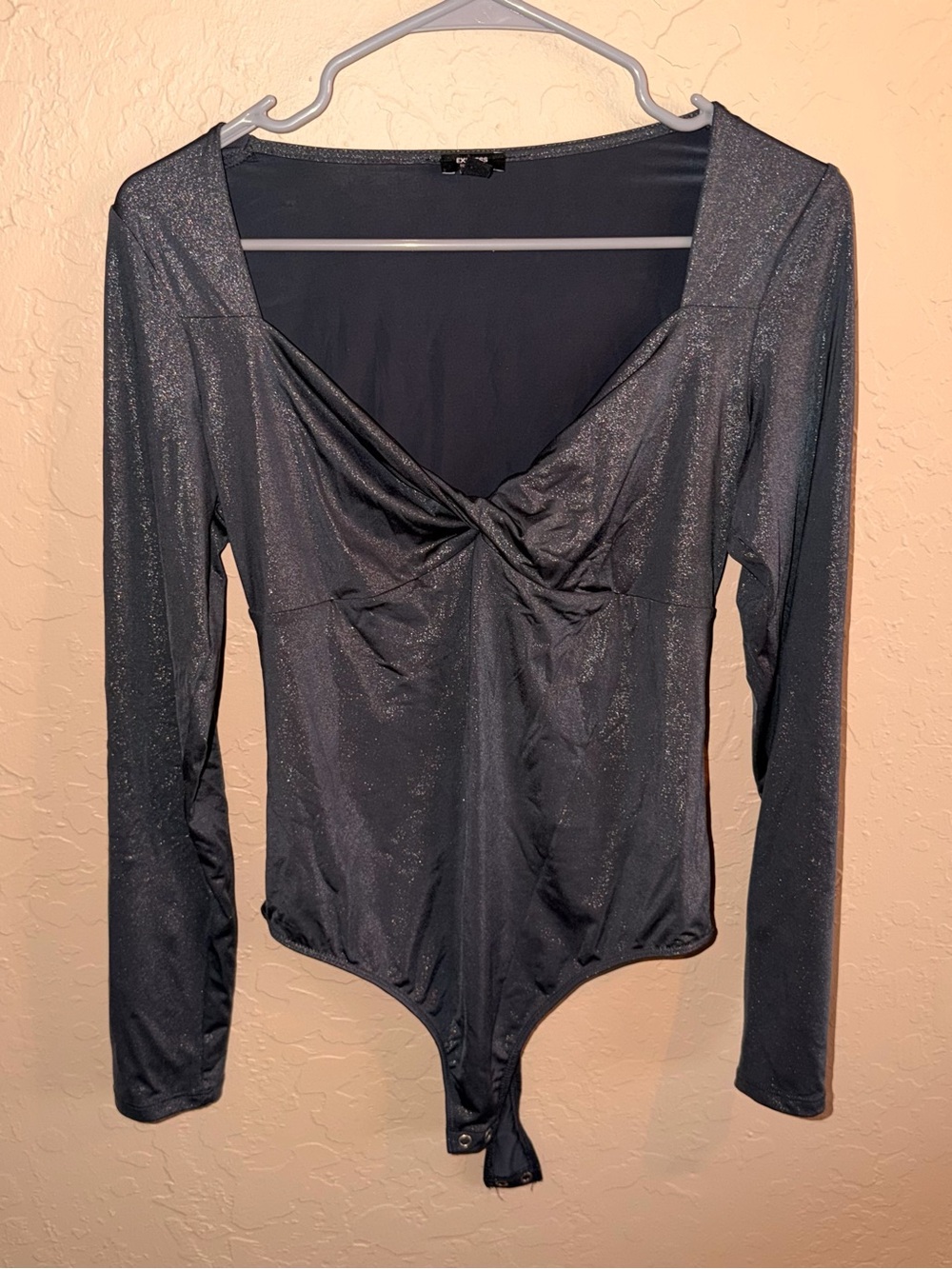 Express Metallic Black Long-Sleeve Twist-Front Bodysuit